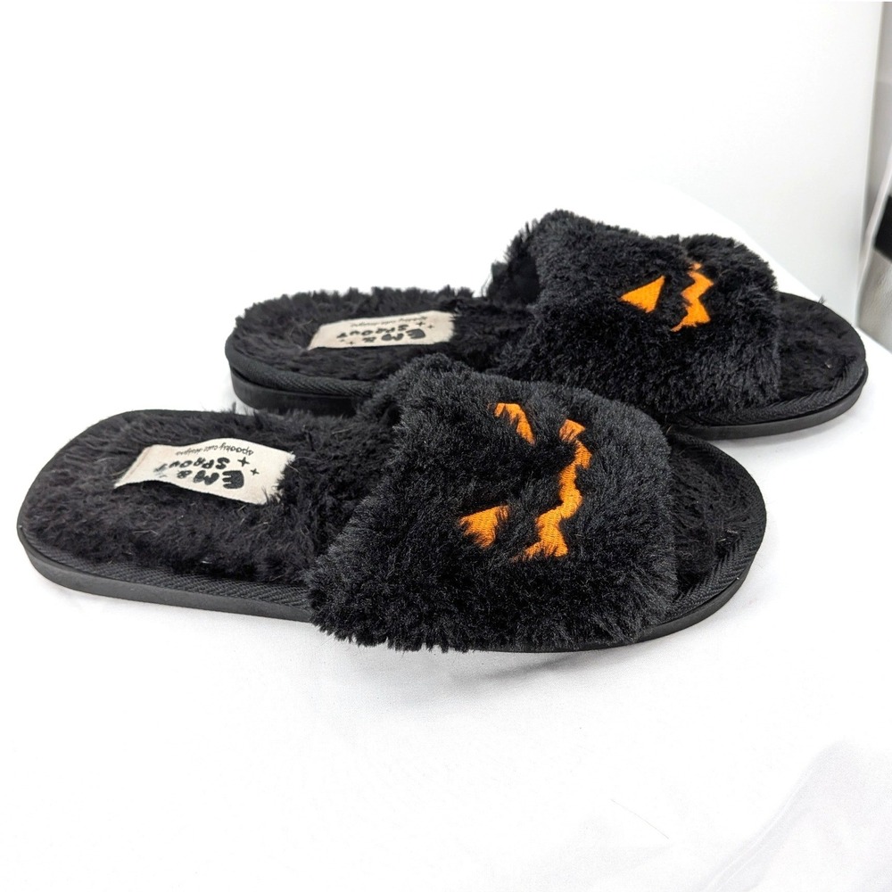 EM&Sprout Fuzzy Jack O'Lantern Slippers‎ Black Orange Size 37 Cozy Winter Whimsy